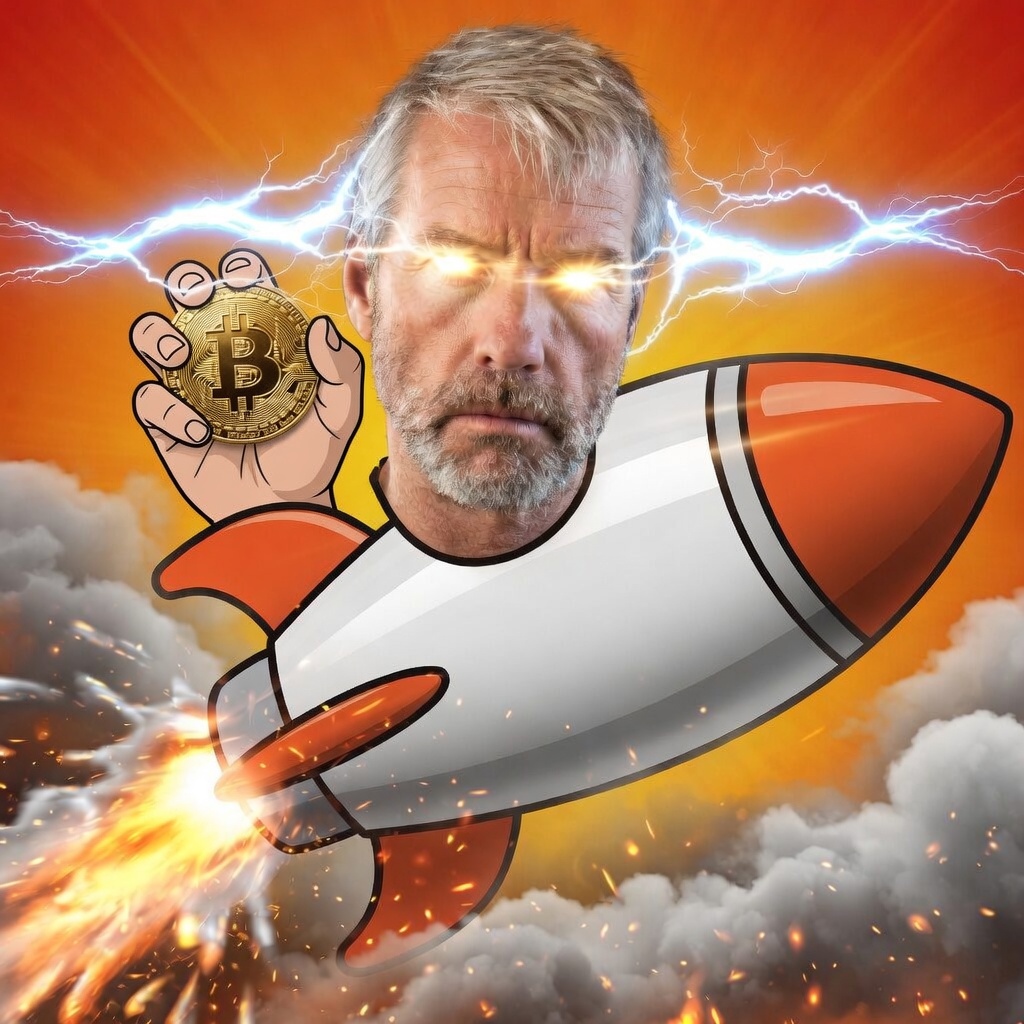 Michael Saylor with laser eyes riding a Bitcoin rocket